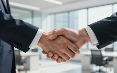 A close-up photograph of a professional hand shaking another in a bright, sunlit modern office, representing trust and technical partnership. The background is blurred, showing a clean, corporate environment in a Global English-speaking city.