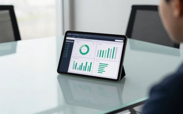 A professional business setting featuring a clean glass table and a tablet displaying a sophisticated data dashboard with green and gray charts. The scene is minimal and corporate, set in a bright, modern meeting room of a global tech firm.