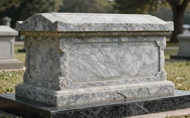 A dignified and masterfully carved tombstone made of light muted stone grey marble. The craftsmanship is evident in the precise edges and polished surface. The setting is a serene outdoor memorial park with soft daylight and deep charcoal black granite accents on the base.