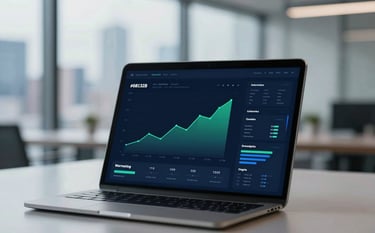 A high-end, modern office setting with a blurred background of a city skyline. In the foreground, a sleek tablet displays a professional marketing dashboard with rising green growth charts and conversion data. The color palette features deep blues (#0B132B) and cool steel tones (#3A506B), lit with soft natural daylight.