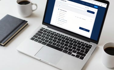 A close-up, top-down shot of a minimalist workstation with a premium metallic laptop. The screen shows the interface of a search engine advertising tool with keyword metrics. Beside it is a professional notebook and a coffee cup. The style is clean and sharp, utilizing colors like #1C2541 and #E0FBFC for a professional business vibe.