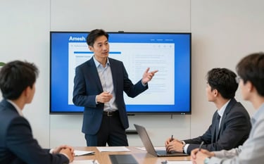 A sophisticated North American boardroom where a confident professional in business attire stands by a digital screen, discussing strategy. The composition is clean and professional, using a shallow depth of field. The palette includes royal blue accents and crisp off-white walls, conveying industry expertise and trust.