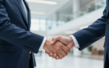 A close-up photography of a firm professional handshake between two executives in a bright, modern US office lobby. The background shows blurred architectural elements of a tech hub. The lighting is crisp, highlighting the professional attire. The colors emphasize deep blue and light blue tones.