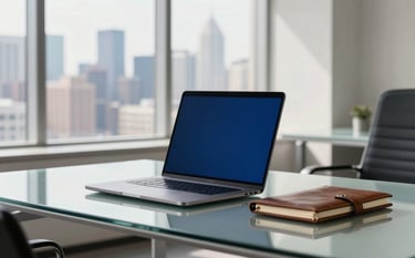 A high-end, modern North American corporate office setting. A clean glass desk features a sleek laptop and a leather notebook. In the background, a blurred view of a city skyline through large windows. The lighting is bright and natural, reflecting an atmosphere of authority and professional success. Deep blue and off-white tones dominate the scene.