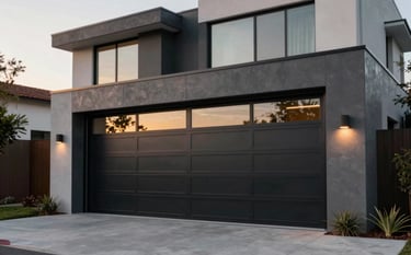 A wide shot of a luxury modern home in Los Angeles featuring a high-end black and glass automatic garage door. The lighting is warm sunset glow, highlighting the clean lines and professional installation. Incorporates brand colors #1A202C and #F8F8F8 in the architecture.