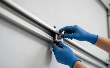 A close-up of a technician's hands carefully lubricating garage door tracks and checking safety sensors. The style is clean and professional, focusing on maintenance and detail. Neutral light gray background with #2B4E72 blue gloves for brand consistency.