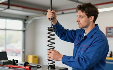 A professional technician wearing a blue uniform repairing a garage door spring. The lighting is bright and clear, showcasing high-quality tools and an organized workspace. The atmosphere is efficient and reliable, incorporating subtle dark blue and red accents from the brand palette.