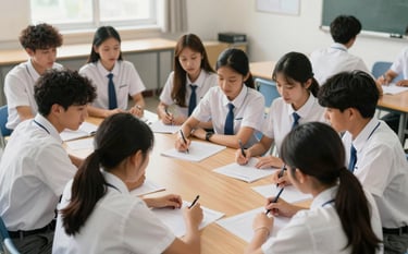 A high-angle photograph of a diverse group of high school students collaborating on a project in a bright, modern classroom. The room is filled with soft natural light. Some students wear Mist White shirts and Professional Blue accents, sitting around a clean wooden table. The atmosphere is focused and empowering.