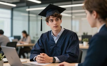A professional photograph of a young adult graduate in a modern co-working space, engaged in a mentoring session. The lighting is crisp and intelligent. The background features clean glass partitions and subtle Professional Blue and Deep Navy decor elements, creating a trustworthy and sophisticated environment.