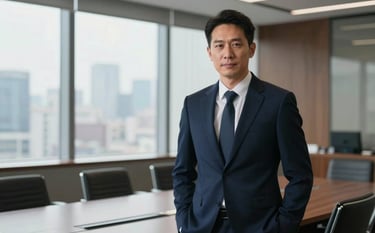 A portrait of a confident executive professional in a sleek, high-end corporate boardroom. They are wearing a sharp Deep Navy suit. The background is slightly out of focus, showing a clean city skyline through a large window. The mood is empowering and professional.