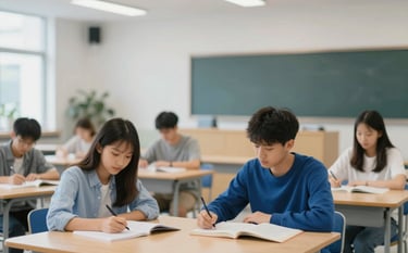 A modern, well-lit school study hall with students engaged in collaborative learning. The atmosphere is professional and empowering, featuring a clean aesthetic with accents of #3C6B7B and #A8C9D0. The lighting is soft and natural, emphasizing academic focus.