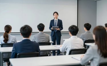 A sleek, modern corporate training classroom featuring adult learners and professional mentors. The environment reflects sophisticated academic discovery with a clean, user-centric style using #1A2E35 and #F5F8FA. The vibe is reliable and trustworthy.