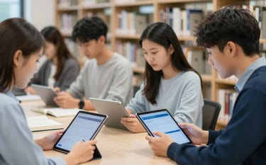 A group of focused college students in a high-tech library environment using digital tablets and textbooks. The design is modern and user-centric, using the brand palette of #1A2E35 and #A8C9D0. The composition is balanced and professional.