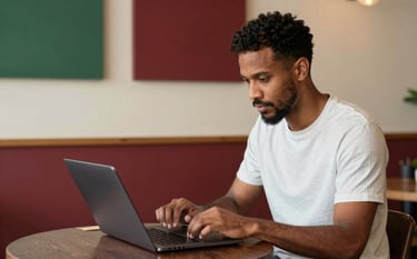 Photography of a professional in a North American / US artisanal cafe setting, using a laptop to organize content calendars. Sophisticated lighting with Deep Ripe Crimson and Matte Forest Green accents in the background decor. Crisp Parchment walls.