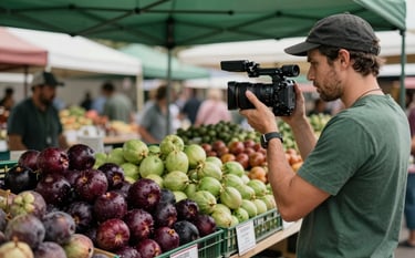 Photography of a content creator in a North American / US food market, filming a local farmer with a professional camera. Authentic, down-to-earth atmosphere with Matte Forest Green and Deep Ripe Crimson details in the scene.