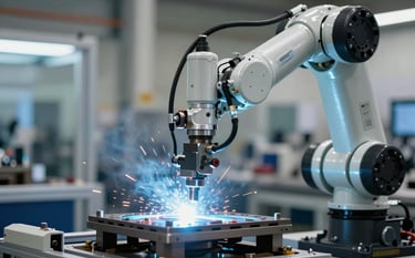 Close-up photography of a high-precision robotic welding arm in an automotive factory in Southern Europe. The scene captures the technical excellence of the automotive industry, with sharp focus on the precision mechanics. Steel and metallic surfaces reflect soft blue light, creating a professional atmosphere of innovation and technical mastery.