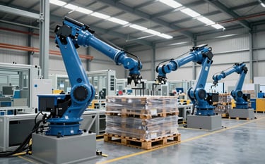 A wide-angle professional photograph of a modern, automated distribution center in Spain. Large robotic arms are precisely stacking pallets in a clean, high-tech warehouse. The lighting is bright and clear, highlighting the metallic structures and the sophisticated engineering. The color palette features deep blues and soft greys of the machinery against a professional industrial background.