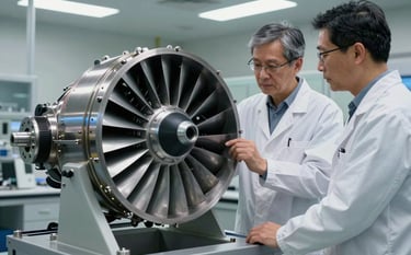 A sophisticated laboratory setting where engineers in professional attire are inspecting an aircraft turbine part. The environment is impeccably clean, representing the highest standards of Southern European aerospace engineering. The lighting is focused and professional, highlighting the intricate technical details of the metallic components.