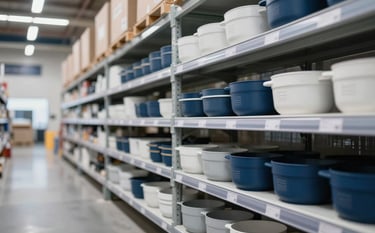 A clean, modern warehouse interior with high-quality, branded home and kitchen products neatly organized on industrial shelving. The lighting is bright and professional, with a color palette reflecting #F4F7F8 and deep blue accents of #0A192A, emphasizing order and efficiency.