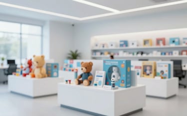 A bright, professional business showroom displaying brand-name toys and games and office supplies on minimalist white displays. The composition is clean and trustworthy, using a palette of #98AFC0 and #F4F7F8 to convey a modern distribution environment.