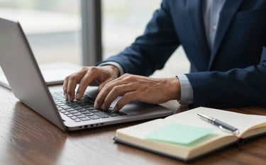 A sophisticated North American professional office setting with natural light, showing a person's hands typing on a sleek laptop beside a notebook. The color palette features dark blue and light mint accents, emphasizing a modern and efficient workspace.