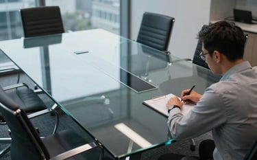 A high-angle photograph of a modern, professional meeting room in a US tech hub. A large glass table reflects soft grey-blue and teal lighting. The composition is clean and authoritative, focusing on high-end office architecture.
