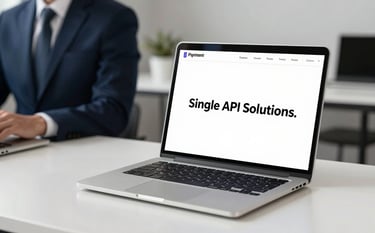 Clean photography of a modern minimalist workspace in a North American / European business setting. A sleek silver laptop sits on a white desk with a professional in a navy suit subtly visible in the background, representing forward-thinking payment technology and single API solutions.