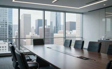 Wide-angle photography of a sophisticated corporate boardroom in a North American / European business district. Floor-to-ceiling windows reveal a blurred modern city skyline. The room is filled with soft natural light reflecting off dark blue and light grey surfaces, exuding trust and professionalism.