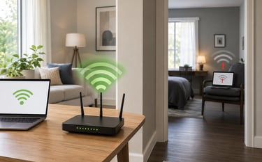 Router with strong Wi-Fi near a laptop, while a device in another room shows weak signal behind walls and distance.