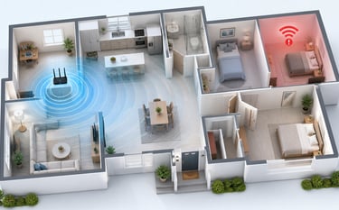Home Wi-Fi dead zone shown on a house floor plan with weak signal in one room.
