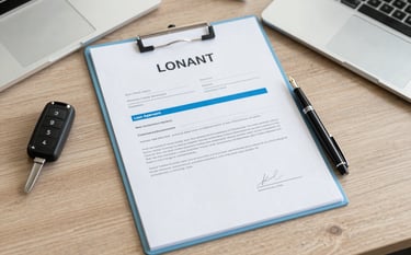 A top-down view of a modern desk in a North American office setting. On the desk are car keys, a professional fountain pen, and a loan agreement document. The atmosphere is professional and trustworthy with a clean aesthetic and light blue accents.