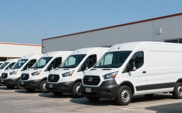 A row of clean, professional white delivery vans parked in a North American commercial district. The scene is crisp and bright under a clear blue sky, emphasizing efficiency and business reliability. The composition is clean with a modern feel.