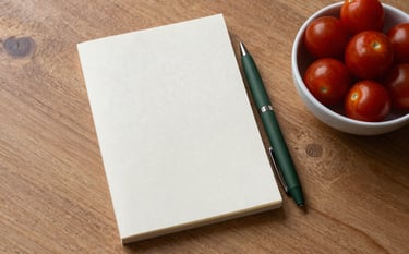 A top-down, clean photography shot of a wooden table featuring a crisp parchment notepad, a matte forest green pen, and a small bowl of deep ripe crimson cherry tomatoes. Soft, morning scandinavian light.