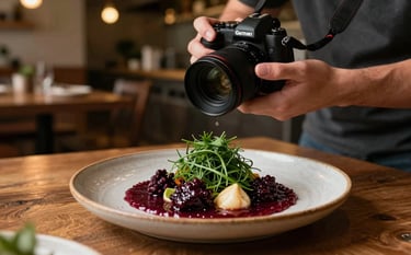 A professional photographer in a cozy restaurant kitchen, holding a camera to capture a rustic plate of food. The lighting is warm and inviting, highlighting matte forest green herbs and deep ripe crimson sauces.