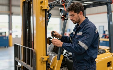 A professional South American / Brazilian mechanic in a clean navy blue uniform performing a detailed inspection of a golden yellow forklift in a bright warehouse. Medium shot, focusing on technical precision and safety equipment. Clear, natural lighting.