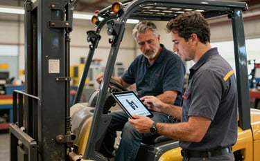A South American / Brazilian technical expert in a workshop setting explaining forklift mechanics to an apprentice. They are looking at an iPad showing a technical video. Warm, educational lighting, welcoming industrial vibe.