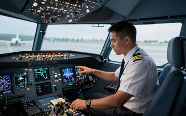 A professional aviation instructor in a modern North American / US flight simulator facility, wearing a pilot uniform, guiding a student through complex controls. The environment features steel blue lighting and sophisticated instruments, conveying a mood of rigorous expertise and reliability.