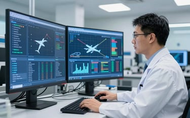 A focused aerospace researcher in a North American / US laboratory, wearing professional attire, analyzing complex data on large steel blue digital screens. The setting is clean, bright, and modern, representing forward-thinking aviation safety innovation.