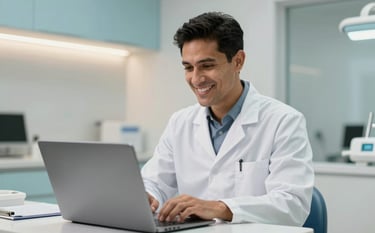 Photography of a professional South American Brazilian dentist in a clean white coat, smiling warmly while looking at a laptop screen. The background is a modern dental office with soft lighting and accents of light blue and light gray.