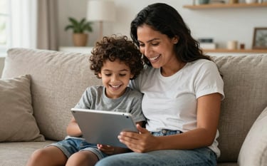Photography of a South American Brazilian mother and child sitting on a sofa in a bright, modern living room, interacting happily with a tablet during a dental tele-consultation. The lighting is warm and natural.