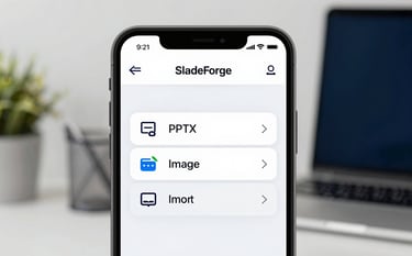 A close-up shot of an iPhone screen displaying the export menu of SlideForge. The options for PPTX and Image export are highlighted with sophisticated icons. The background is a soft-focus professional workspace using colors like #161B22 and #C9D1D9.
