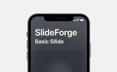 A sleek, high-end mockup of an iPhone showing the SlideForge basic slide editor. The interface is clean and minimalist, dominated by dark grays and crisp white text (#F0F6FC). The lighting is studio-style, highlighting the premium design of the app.