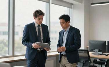 Two business professionals collaborating in a clean, modern workspace. They are discussing a project near a large window with soft natural lighting. The environment reflects trust and expertise, featuring steel blue and cool off-white tones.