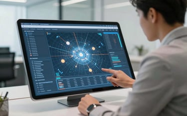 An interior shot of a sophisticated South American corporate office. A professional in business attire reviews a digital security grid and maps on a large tablet. The scene is lit with cool light, emphasizing strategic planning and intelligence. Off-white and grayish-blue palette.