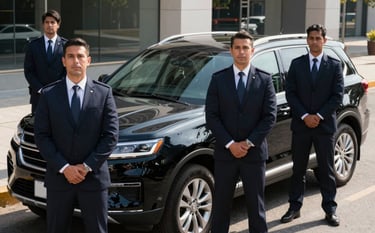A sharp, high-angle professional photograph of a discreet security detail in dark tailored suits standing by a premium black SUV in a modern South American business district. The lighting is crisp morning sun, highlighting the metallic finish of the car and the focused, calm expressions of the professionals. Deep navy and slate blue tones dominate the scene.