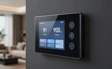 A high-tech digital control interface for a Smart Home mounted on a sleek dark wall. The interface glows softly, indicating modern efficiency. The background shows a blurred, high-end finished living space. Colors: #263238, #90A4AE, and accents of #ECEFF1.