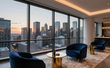 A high-angle interior photograph of a modern luxury condominium in a North American city. Large floor-to-ceiling windows reveal a sunset skyline. The room is decorated with midnight blue velvet chairs and metallic gold side tables on a cream-colored rug. Professional architecture photography.