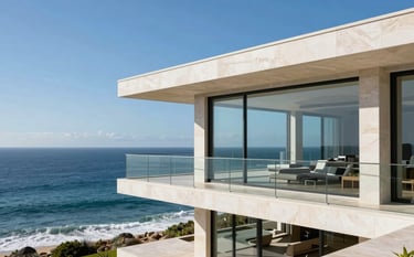 A minimalist luxury glass villa overlooking the Atlantic coast in the US. The structure features clean lines and large balconies. Bright midday sun highlights the white and cream stone textures against the deep blue ocean. High-end real estate photography.