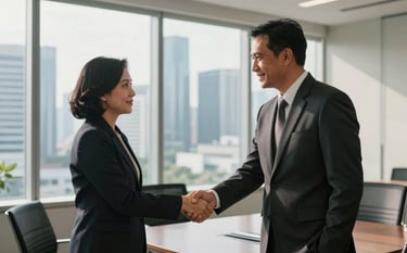 Two Indonesian business professionals, a man and a woman in formal attire, shaking hands in a bright, modern conference room with a large window overlooking the Jakarta city skyline. Sunlight reflects off glass surfaces.