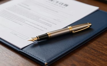 A close-up shot of a high-end metal fountain pen in muted gold resting on a dark navy blue folder with official documents. The setting is a polished executive desk with a professional, authoritative mood.